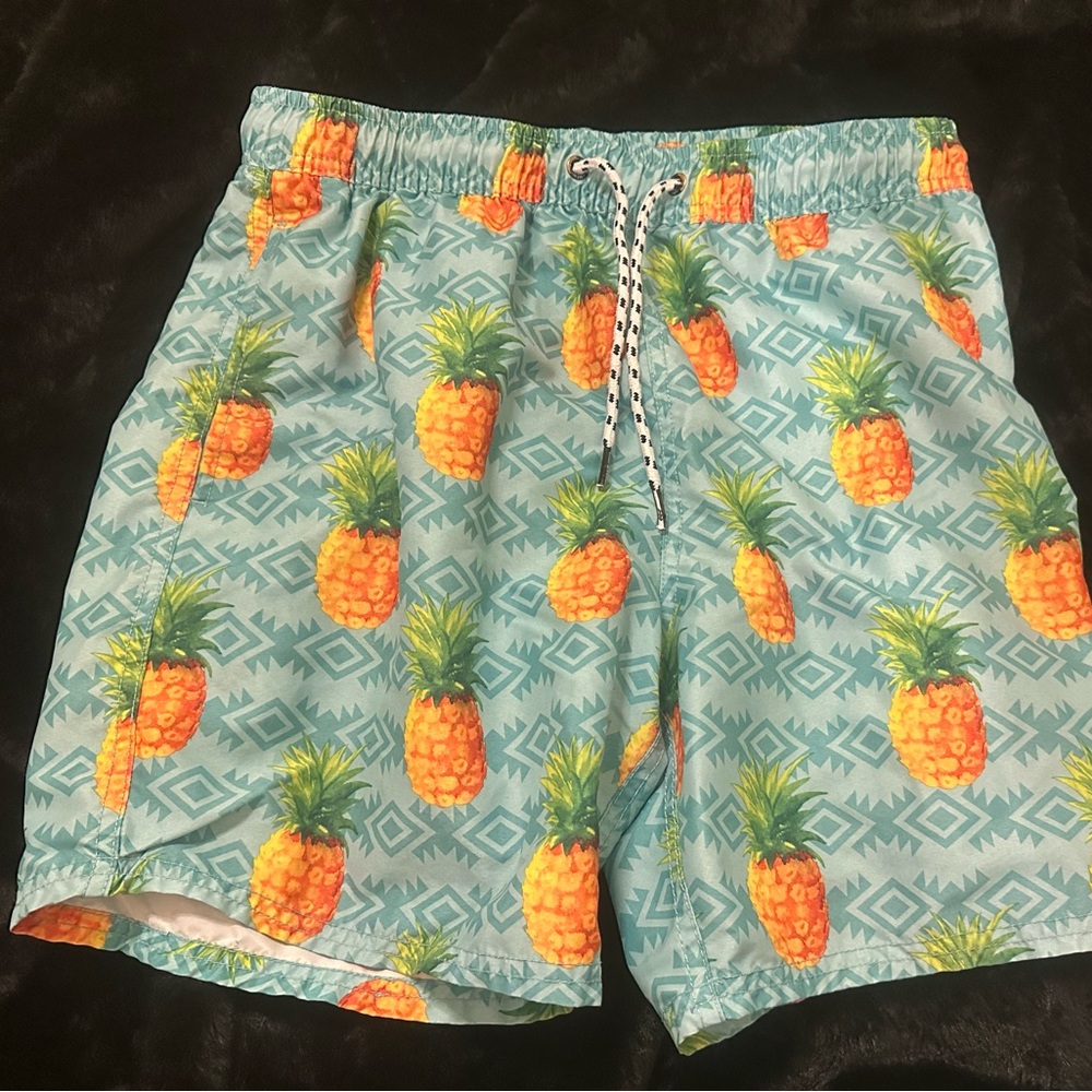 Maui and Sons Teal Swim Trunks with Orange Pineapple Print Men's SMALL